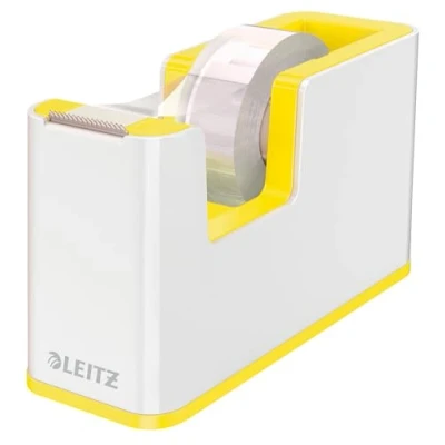 Abbildung von Leitz Klebeband Tischabroller, Fester Stand, Klebebandabroller inkl. Klebeband, Weiß/Gelb, Duo Colour, WOW, 53641016