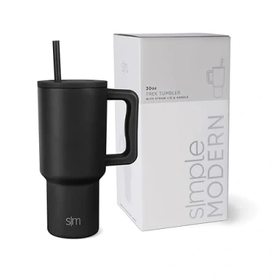 Abbildung von Simple Modern Thermobecher mit Strohhalm und Griff Isolierter Edelstahl Trinkbecher Eiskaffee Reisebecher Geschenke für Frauen Männer Trek 890ml Midnight Black