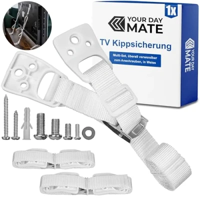 Abbildung von TV Kippsicherung zum Anschrauben, 1 Set, Weiss, für Fernseher, Regal, Schrank, einfach zu aktivieren deaktivieren, Kleinkinder, Haustiere, inkl. Dübel und Schrauben, Kippschutz Television, Möbel