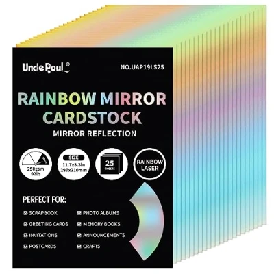 Abbildung von A4 Regenbogen Spiegelkartonpapier, 25 Blatt 250 g/m²/92 lb metallisch reflektierendes Papier zum Basteln, Farblaserkarton für Geburtstagsdekoration UAP19LS25