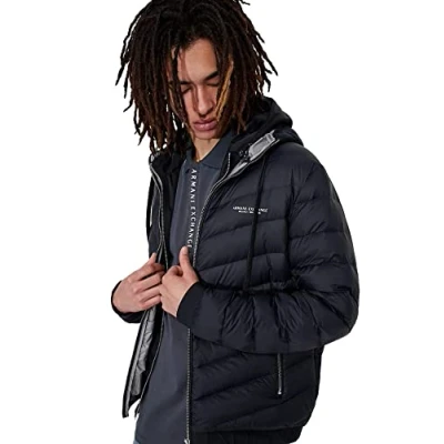 Abbildung von Armani Exchange Men&#039;s Hooded Quilted Down Milano/New York Logo Zip up Jacket, Marineblau/Grau Meliert, X Small