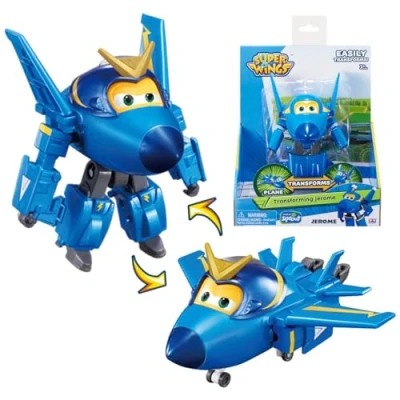 Abbildung von Super Wings Jerome Flugzeug, umwandelbares Spielzeug und Roboterfigur, Cartoon für Kinder von 3 bis 8 Jahren, Jungen, Mädchen 12 cm, Blau