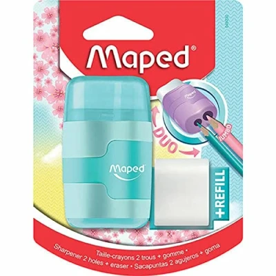 Abbildung von Maped,49230, AA8Radierer/Anspitzer 2in1CONNECT PASTELL 2 Lochgrößen für dicke unddünne Stifte inkl. 1x Ersatzradierer rose, hellblau, flieder