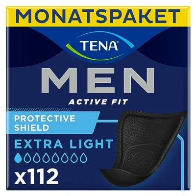 Abbildung von TENA MEN Protective Shield extra Light 112 Einlagen im Monatspaket (8 x 14), einzeln verpackt dünne Hygieneeinlagen für Männer bei sehr leichtem Harnverlust Schwarz