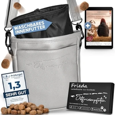 Abbildung von Ostfriesenpfoten® Leckerlibeutel &#039;Frieda&#039; für Hunde aus hochwertigem Kunstleder Grau Größe L Futterbeutel mit EasyOpen Einhandmagnetverschluss Gassitasche Leckerli