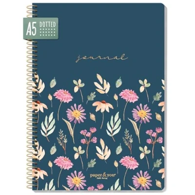 Abbildung von paper&amp;you® Bullet Journal dotted A5 mit Spiralbindung &quot;Flying Flowers&quot; 160 Seiten, Notizbuch gepunktet Spirale, College Block, Spiral Notizblock nachhaltig &amp; klimafreundlich