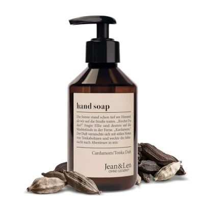 Abbildung von Jean &amp; Len Handseife Cardamom Tonka, reinigt beanspruchte Hände, für die tägliche Anwendung geeignet, Flüssigseife im Pumpspender, exotisch würziger Duft, vegan, 250 ml