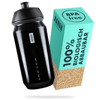 Abbildung von AARON ECO Trinkflasche 100% biologisch abbaubar, 500 ml, leicht und auslaufsicher, praktische BPA freie Wasserflasche für Sport, Fitness, Wandern, Outdoor in schwarz
