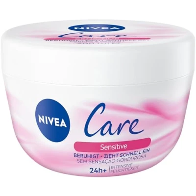 Abbildung von NIVEA Creme Care Sensitive, Gesicht und Körperpflege mit 24h intensiver Feuchtigkeit, nicht fettende Feuchtigkeitscreme für sensible trockene Haut (200 ml)