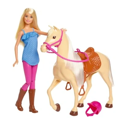 Abbildung von Barbie Puppe und Pferdespielzeug, Reitzubehör, 1 Pferd enthalten, als Geschenk für Kinder ab 3 Jahre geeignet, FXH13