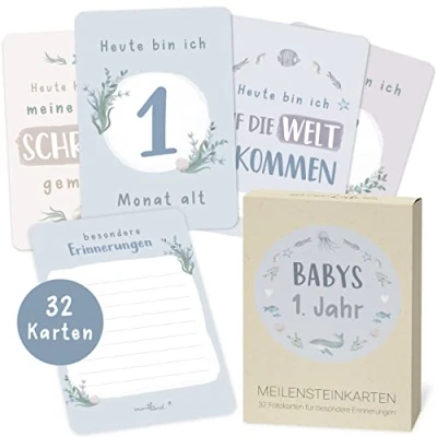 Abbildung von Mintkind ® Meilensteinkarten Baby Wundervolles Geschenk zur Geburt für Mädchen und Junge 32 Monatskarten im Set zauberhafte Fotos (Wal)