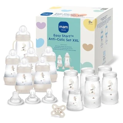 Abbildung von MAM Easy Start Anti Colic Babyflaschen Set XXL, mitwachsende Baby Erstausstattung mit Schnuller, Flaschen, Sauger und mehr, Geschenk Set, ab Geburt, beige