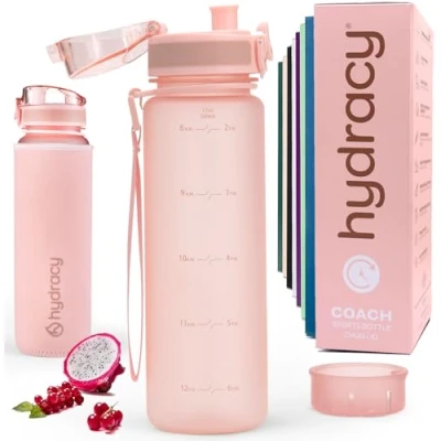 Abbildung von Hydracy Trinkflasche mit Fruchteinsatz 500ml Wasserflasche BPA freie Zeitmarkierung Auslaufsichere Sportflasche Kondensationsfrei für Sport und Outdoor