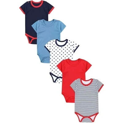 Abbildung von TupTam Jungen Baby Body Kurzarm in Unifarben 5er Pack, Farbe: Streifen Sterne Dunkelblau Rot Jeansblau, Größe: 98