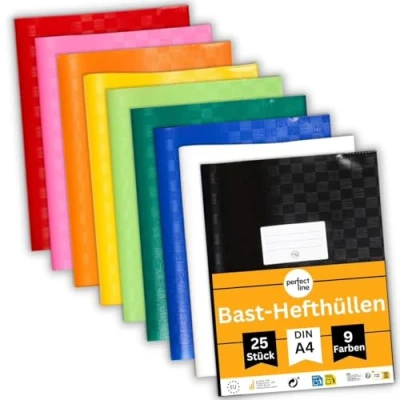 Abbildung von perfect line 25 Bast Hefthüllen DIN A4, 9 Farben, Heftumschlag mit Beschriftungsetikett, Heftschoner aus recycelbarem PP, dokumentenecht (1 x Stk.)