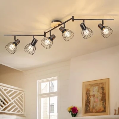 Abbildung von Kimjo Led Deckenstrahler 6 Flammig Deckenleuchte Strahler E14 Schwenkbar Leuchte Wohnzimmer Lampen Esszimmer Deckenlampe Schwarz Küchenlampen Decke Holz Deckenspot Ohne Leuchtmittel
