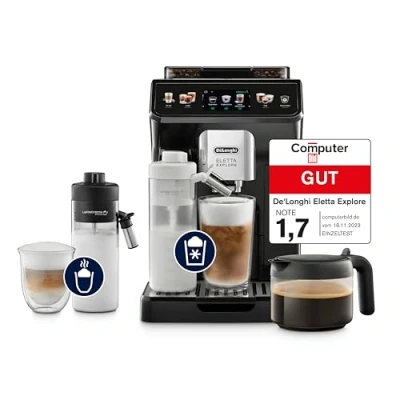 Abbildung von De&#039;Longhi Eletta Explore ECAM452.57.G Kaffeevollautomat mit LatteCrema Milchsystem, heiße und kalte Getränke auf Knopfdruck, 3,5 Zoll TFT Touchscreen Farbdisplay, Kaffeekannen inklusive, schwarz