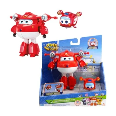 Abbildung von Super Wings Transforming Flugzeug Supercharged und Pet Jett, Spielzeug für Kinder ab 3 Jahren, verwandelbare mit Bewegungs Leuchtfunktion, Rot