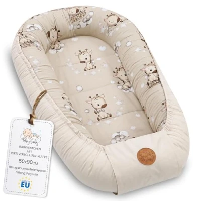 Abbildung von Babynest babynestchen neugeborene mit tragegriff 90 x 50 cm baby nestchen tragbar nest für bett kinder kuschelnest coccon Jungen und Mädchen Giraffen