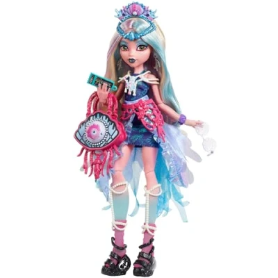 Abbildung von Monster High Lagoona Blue Puppe mit glamourösem Festival Outfit und Zubehör wie Snacks, Bandposter, Statement Tasche mehr, HXH82