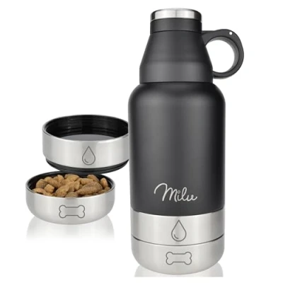 Abbildung von Milu Trinkflasche Hunde für Unterwegs 950ml Wasserflasche mit Futternapf, Isolierte Edelstahl Hundetrinkflasche, Hundeflasche Futterbehälter, Napf, Hund, Wandern, Reisen, Spaziergang