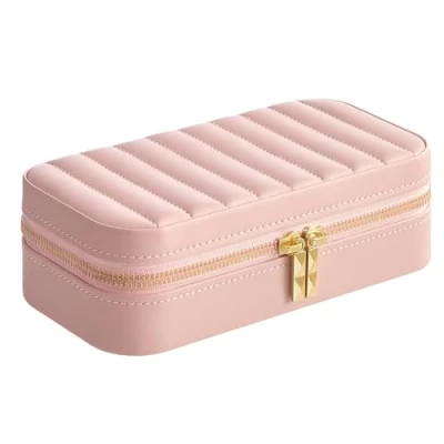 Abbildung von SONGMICS HOME ANAH Kollektion Schmuckkästchen Reise, Schmuckbox klein, Schmuckaufbewahrung mit Spiegel, 10,5 x 20,5 6 cm, PU Nähten, Reißverschluss, Geschenkidee, pastellrosa JBC180S01