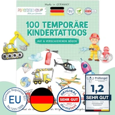 Abbildung von Papierdrachen 100 besonders hautfreundliche Kindertattoos Tattoos Bunter Mix kindgerechte Designs als Geburtstagsmitgebsel oder Geschenkidee 100% vegan &amp; dermatologisch getestet