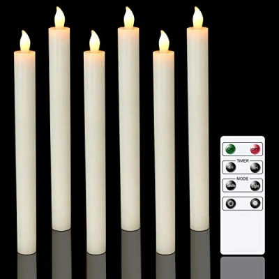 Abbildung von Eldnacele LED Stabkerzen mit Timerfunktion, Fernbedienung, flackernde Flamme elektrische Kerzen Set 6er Ø 2 x 25 cm Elfenbein Tischdeko für Party Weihnachten