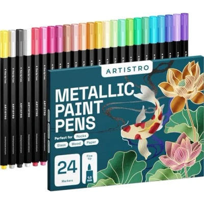 Abbildung von Artistro 24 voraktivierte Metallic Marker mit feiner Spitze, Acrylfarben Marker, Lackstifte, Stifte für Kinder &amp; Erwachsene, schwarzes Papier, Steine