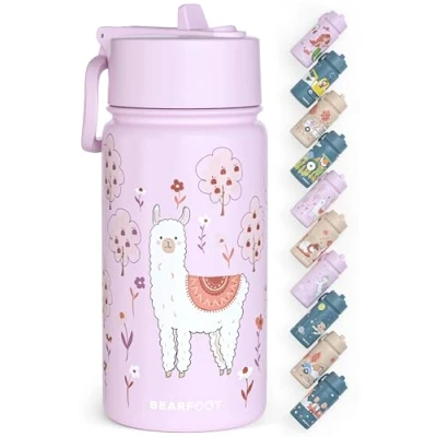 Abbildung von BEARFOOT Trinkflasche Kinder Edelstahl mit Strohhalm Thermosflasche 400ml BPA frei auslaufsicher Kleinkinder, Mädchen &amp; Jungen Wasserflasche für Schule, Kindergarten (Lila Lama)