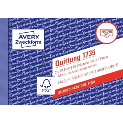 Abbildung von AVERY Zweckform 1735 Quittungsblock (A6 quer, 2x40 Blatt, selbstdurchschreibend, fälschungssicherer Dokumentendruck, für Beträge über 250 mit separater MwSt., DE/AT) weiß/gelb