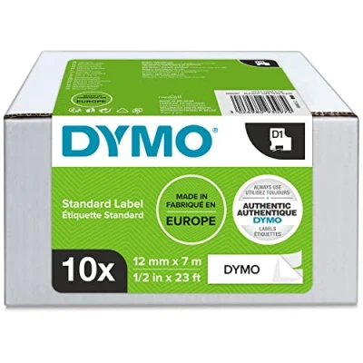 Abbildung von DYMO Original D1 Etikettenband schwarz auf weiß 12 mm x 7 m selbstklebendes Schriftband für LabelManager Beschriftungsgerät 10 Etikettenkassetten