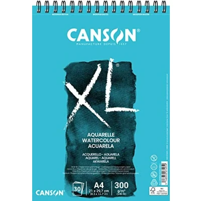 Abbildung von CANSON XL Aquarellpapier, fein, 300 g/m², an der kurzen Seite spiralgebundener Block, DIN A4 21 x 29,7 cm, Weiß, 30 Blatt