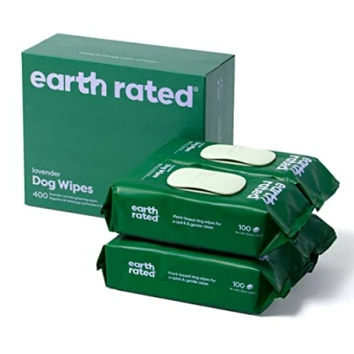 Abbildung von Earth Rated Feuchttücher für Hunde, Dicke Pflegetücher auf pflanzlicher Basis zur einfachen Anwendung an Pfoten, Körper und Hintern, Lavendelduft, 400 Stück