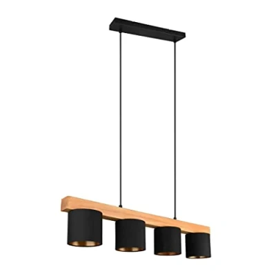 Abbildung von Reality Leuchten Pendelleuchte Cameron R30654002, Metall Schwarz matt, Stoffschirm schwarz,goldfarbig, Holz, exklusiv 4x E14