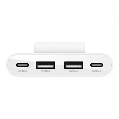 Abbildung von Belkin 4 Port USB Splitter mit 2 m Kabel, C und A Ports, Adapter 30 W Leistung, Schnellladen des iPhone 14 Samsung Galaxy S23, umweltfreundliche Ausführung, Abnehmbarer Clip