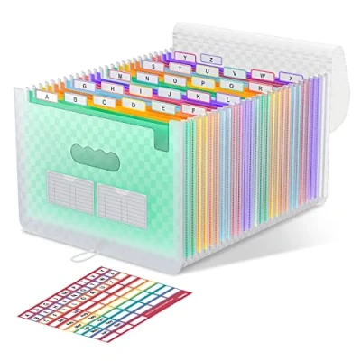 Abbildung von Akkordeon Aktenordner 26 Taschen, erweiterbarer mit erweiterbarem Deckel/tragbarer Schreibtisch Dokumentenkasten, A4 Briefgröße, Papier, farbige Abheftungsbox(Grün)
