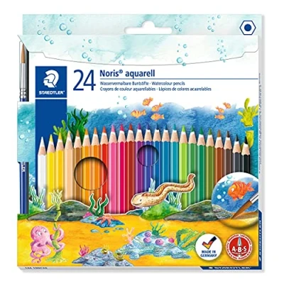 Abbildung von STAEDTLER wasservermalbare Buntstifte Noris Club aquarell, erhöhte Bruchfestigkeit, sechskant, ABS System, kindgerecht nach EN71, PEFC Holz, Set mit 24 brillanten Farben, 144 10NC24