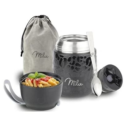 Abbildung von Milu® Thermobehälter 450 ml Edelstahl Warmhaltebehälter Essensbehälter Speisegefäß Babynahrung Essen warmhalten Behälter Thermo Lunchbox Müsli to go Black Leopard, 450ml