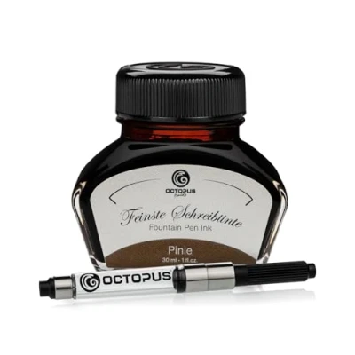 Abbildung von Octopus Fluids Füllhaltertinte im Tintenglas inklusive Konverter, Schreibtinte für Füllhalter, Füllertinte in Pinie 30ml mit Tintenkonverter