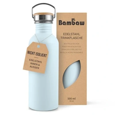 Abbildung von Bambaw Trinkflasche Edelstahl Kinder 500ml, Nicht isolierte blaue Trinkflasche, BPA Frei, Wasserflasche Eisblau