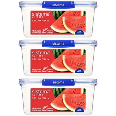 Abbildung von Sistema KLIP IT PLUS Frischhaltedosen Set 3,35 l auslaufsichere, stapelbare und luftdichte Vorratsdosen mit Deckel geeignet für Kühl /Gefrierschrank BPA freier Kunststoff 3 Stück