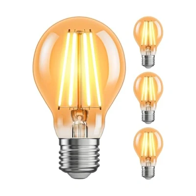 Abbildung von ledscom.de 4 Stück E27 LED Leuchtmittel, A60, extra warmweiß (2400 K), 7 W, 778lm, 3 Stufen Dimmer, goldfarben