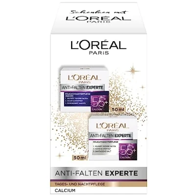 Abbildung von L&#039;Oréal Paris feuchtigkeitsspendendes Pflegeset, Anti Aging Tages &amp; Nachtcreme zur Minderung von Falten, Falten Experte 55+, 2 x 50 ml