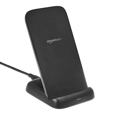 Abbildung von Amazon Basics Qi zertifiziertes Kabellos Ladeständer, 10 W, für iPhone 15, 14, 13, 12, 11, X und Samsung, mit USB Kabel (ohne Wechselstrom Adapter), Schwarz