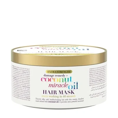 Abbildung von OGX Extra Strength Coconut Miracle Oil Hair Mask (300 g) feuchtigkeitsspendende Haarmaske für trockenes Haar mit Kokosöl, pflegende Anti Frizz Haarkur