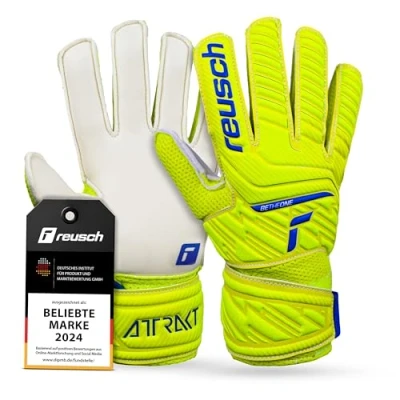 Abbildung von Reusch Attrakt Solid Junior griffige Torwarthandschuhe Kinder Jugendliche Fußballhandschuhe geeignet für alle Wetterbedingungen und Spielfeldoberflächen, gelb blau weiß, 5