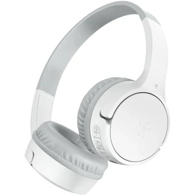 Abbildung von Belkin SoundForm Mini kabelloser Kinderkopfhörer mit integriertem Mikrofon und lustigen Aufklebern, 30 Std. Wiedergabe Over Ear Kopfhörer für Unterricht, Ferien, iPhone, iPad, Galaxy Weiß