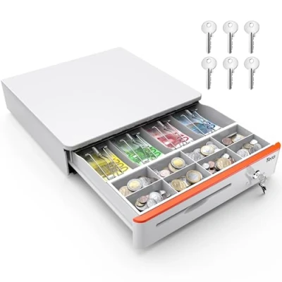 Abbildung von Tera Elektronische Kassenschublade mit 5 Schlüsseln Key Lock &amp; Elektrisches Manuelles Drücken und Öffnen 8 Herausnehmbaren Münzfächern, 4 Geldscheinfächern 1 Medienfach, 41x41x10cm, 12VRJ12