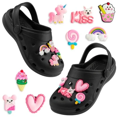 Abbildung von CityComfort Clogs Kinder, Gartenschuhe Sommerschuhe Mädchen mit Anhängern (Schwarz/Rosa, 34/35 EU)